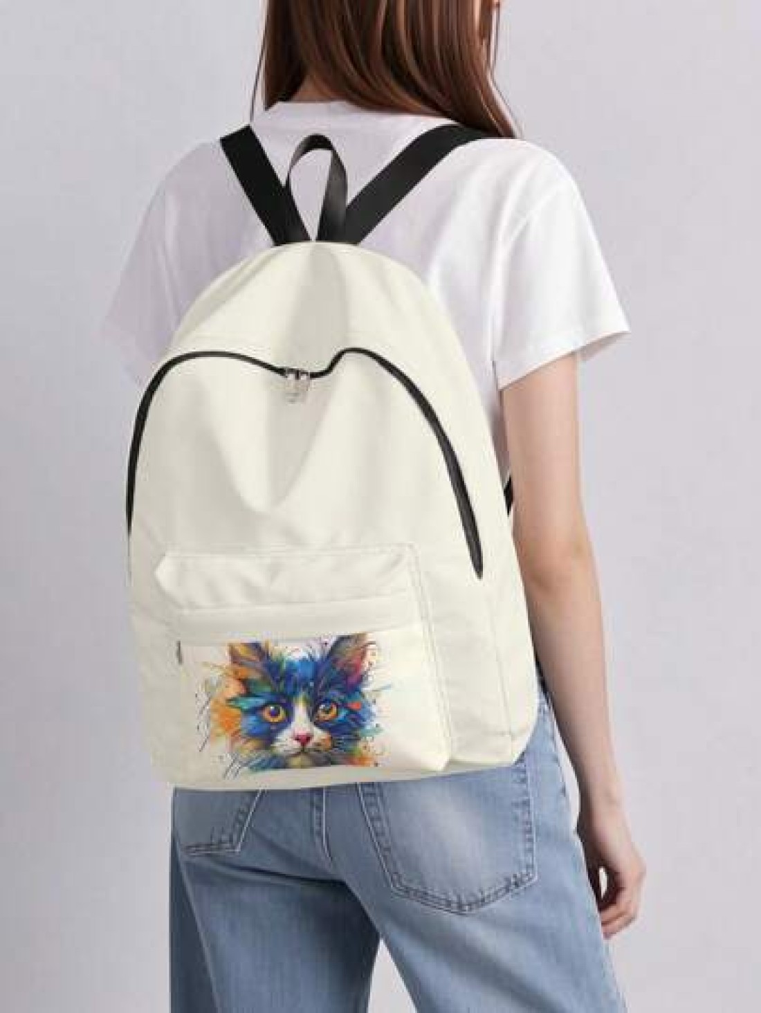 1pc Cute Cat Printed Pocket Backpack Zipper Closure Pocketed Casual Backpack Stylish For Boys And Girls Suitable For School And Outdoor Activities