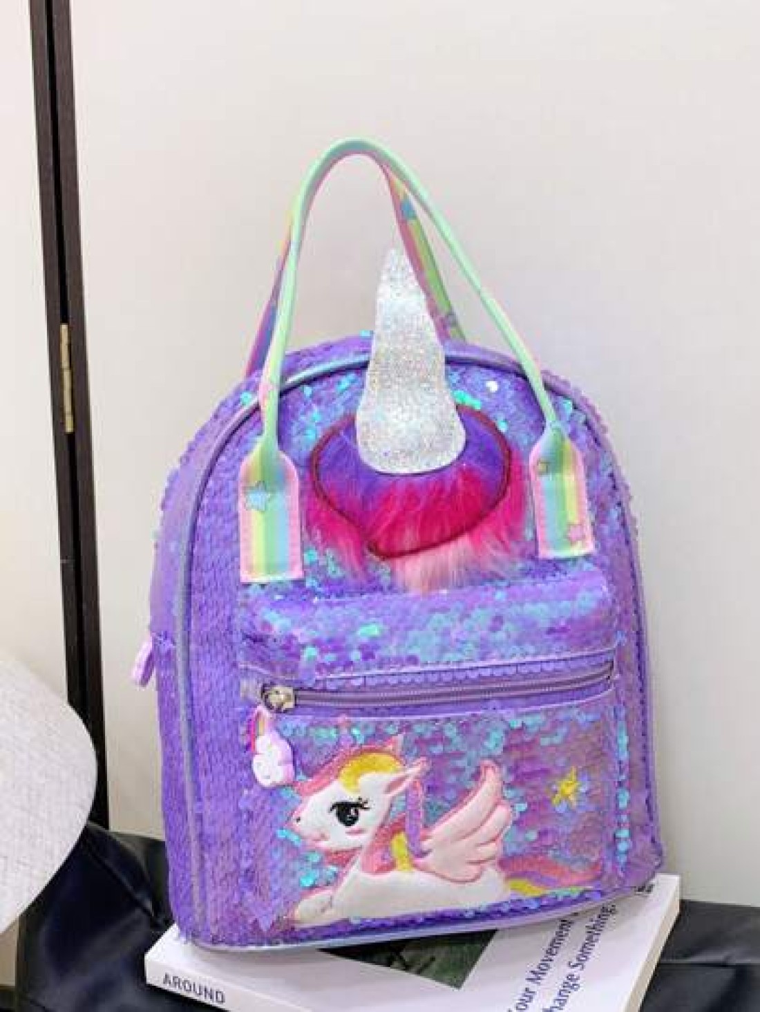 1 Pc New Sequined Material Cute Cartoon Pony Solid Color Girl Backpack Can Be Carried On One Shoulder Smooth Zipper Opening And Closing Sweet And Exquisite Elegant And Stylish Suitable For School Trav