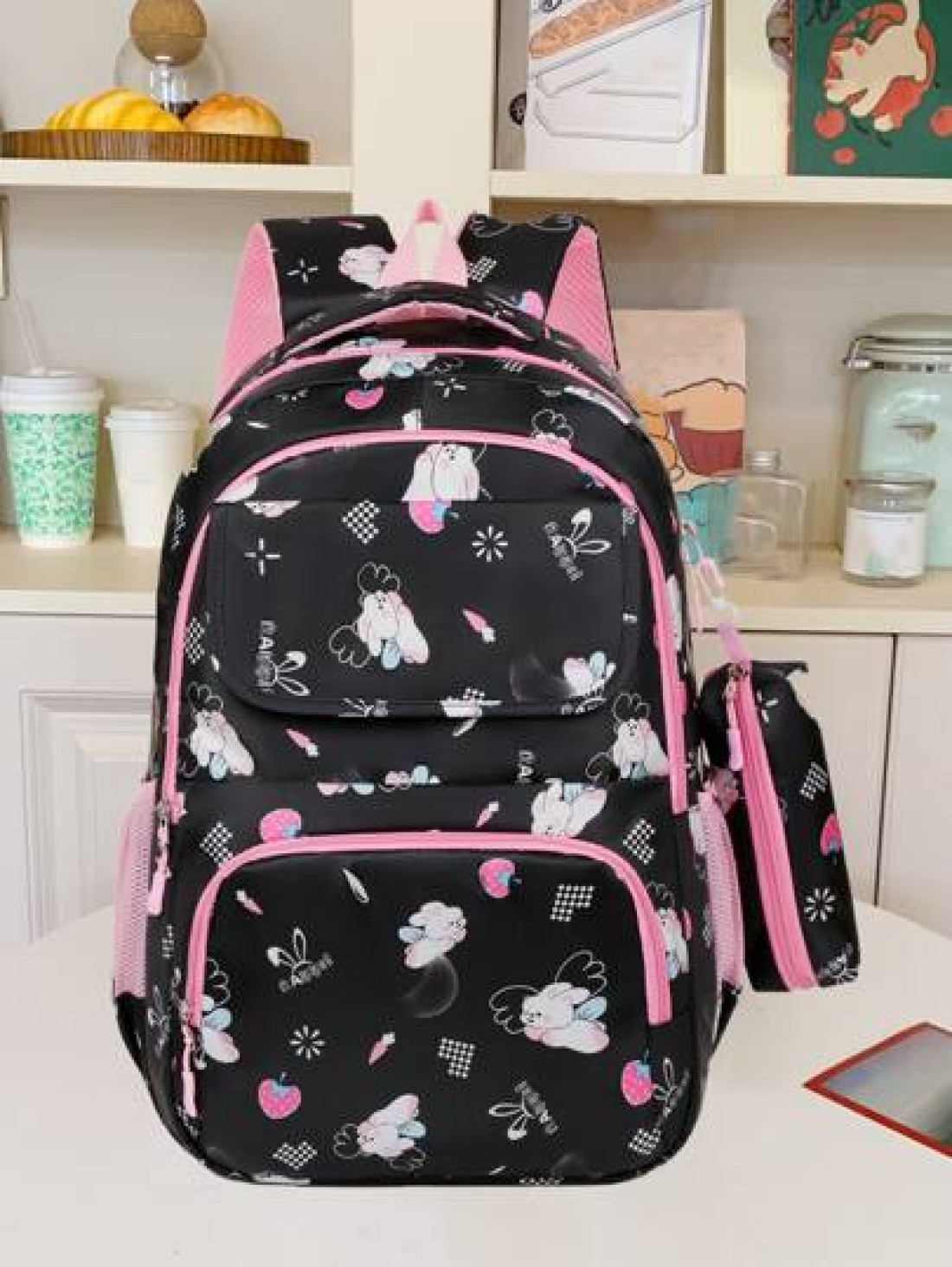 Girls Cute Double Shoulder Bags With Pen Pockets Featuring Rabbit Pattern Accents Commuting And Leisure Backpacks Available In Four Colors Black Blue Pink And Purple Adjustable Straps Large Capacity Z
