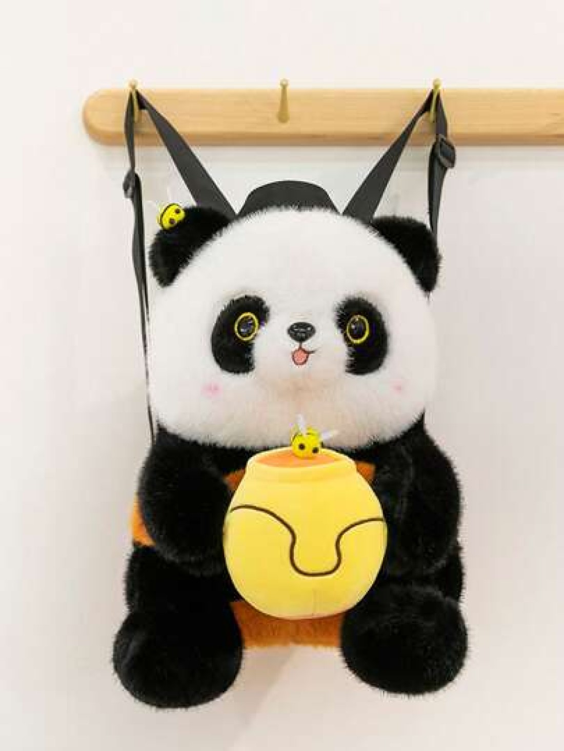 1 Pc New Cartoon Panda Hugging Honey Pattern Plush Material Backpack For Girls And Boys Adjustable Straps Zipper Closure Fashionable And Cute For Travel Shopping Outings And Gifts