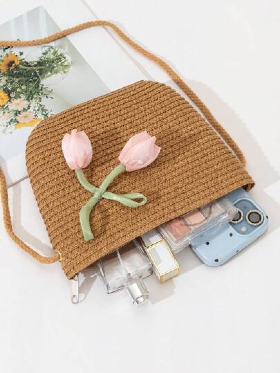 New Straw Bag For Girls Lightweight Fashionable Suitable For Beach Travel Shopping Decorated With Cute Pink Flowers Girl Crossbody Phone Bag