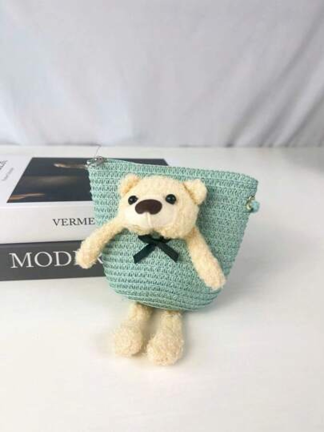 1pc Kids Cute Cartoon Bear Straw Beach Bag Princess Shoulder Crossbody Suitable For Daily Outing