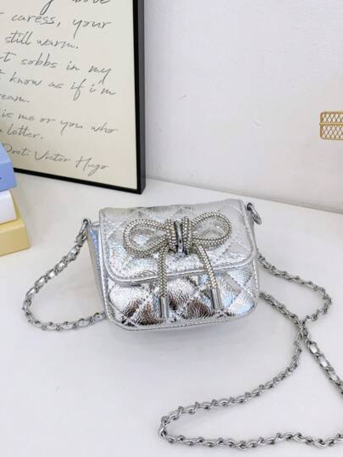 1pc Pu Magnetic Opening And Closing Fashion Sweet Bow Solid Color Diamond Grid Crossbody Mini Square Bag Korean French Exquisite Aesthetic Niche Design Chain Shoulder Crossbody Bag Versatile Casual Hi