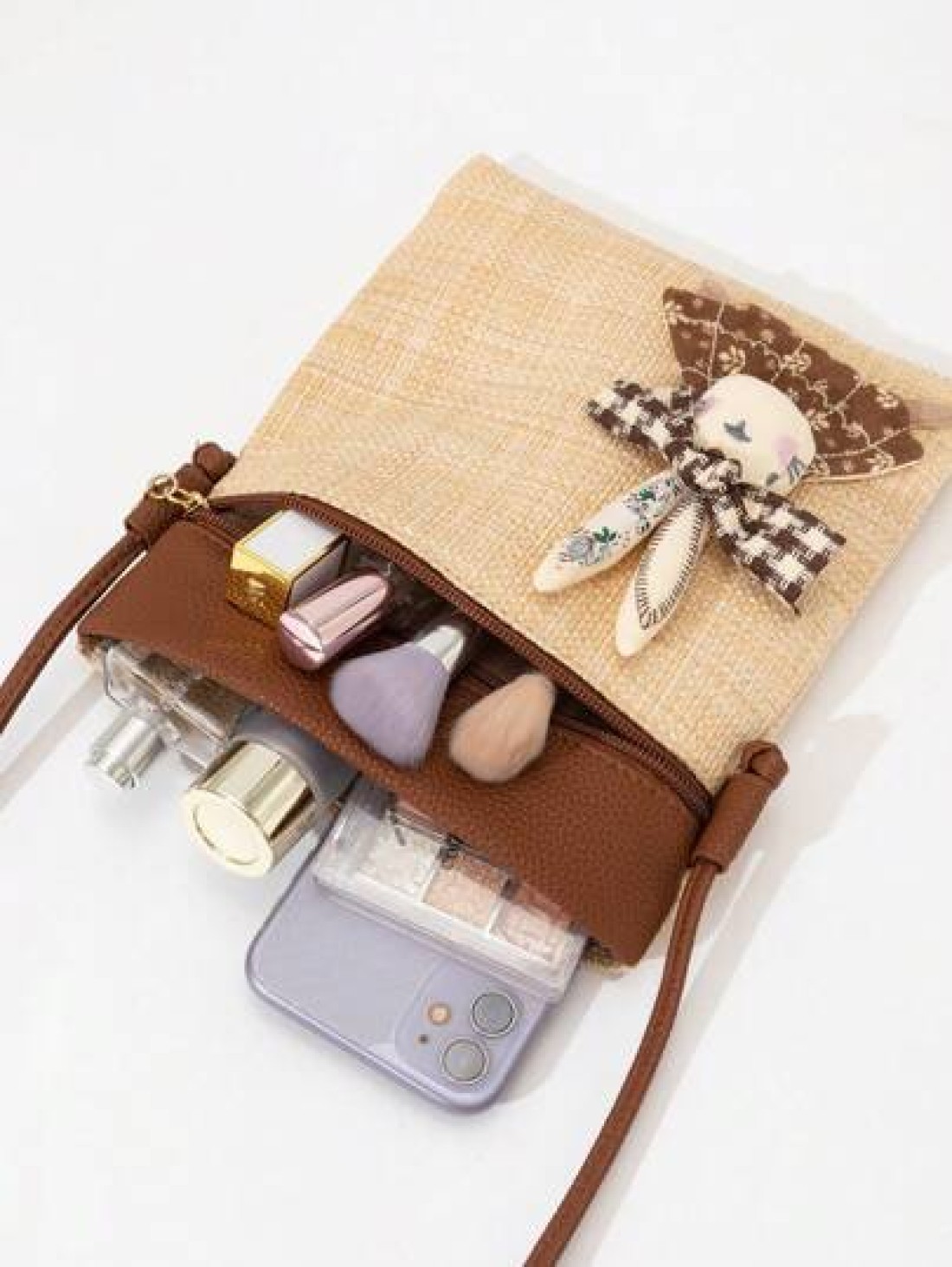 Girl New Straw Woven Bag With PU Strap Lightweight Fashion Adorned With Cute Rabbit Charm Suitable For Beach Travel Street Wear Crossbody Handbag
