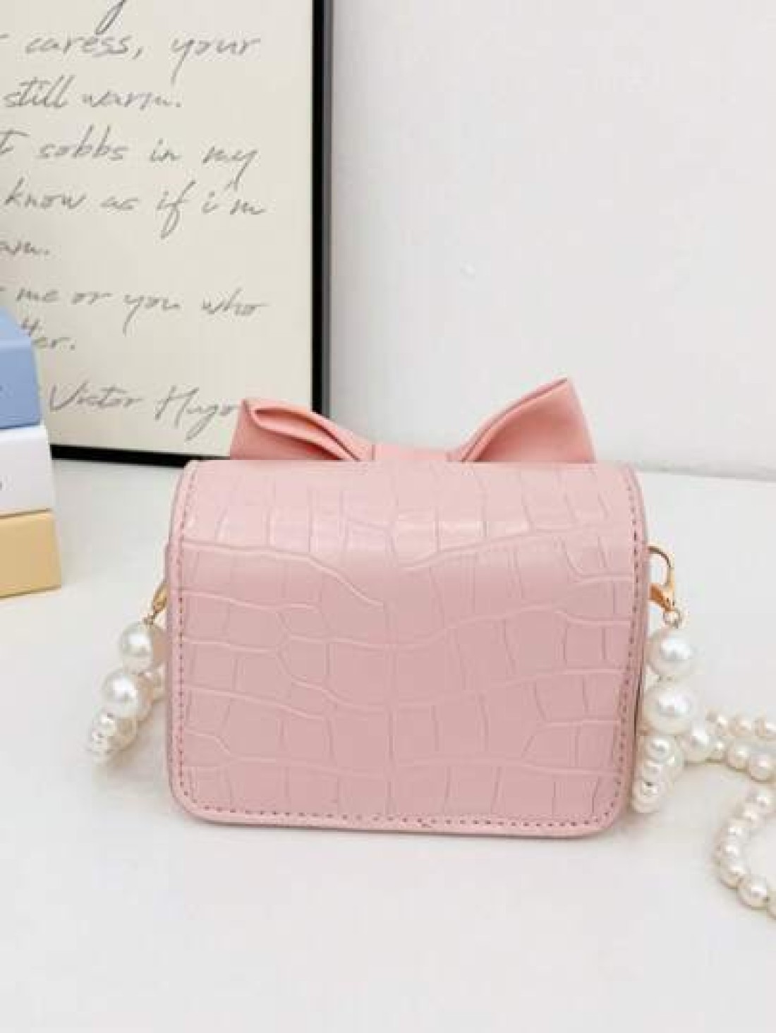 1pc Fashionable Pearl Chain Strap Mini Sling Bag With Bow Design Spring Summer