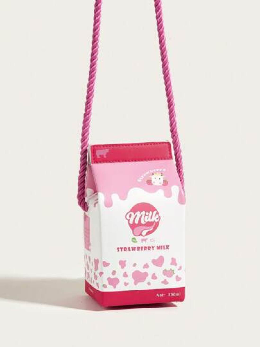 1pc Kids Pink Strawberry Cow Print PU Milk Carton Cute Cartoon 3D Fashion One Shoulder Crossbody Bag Suitable For Daily Use