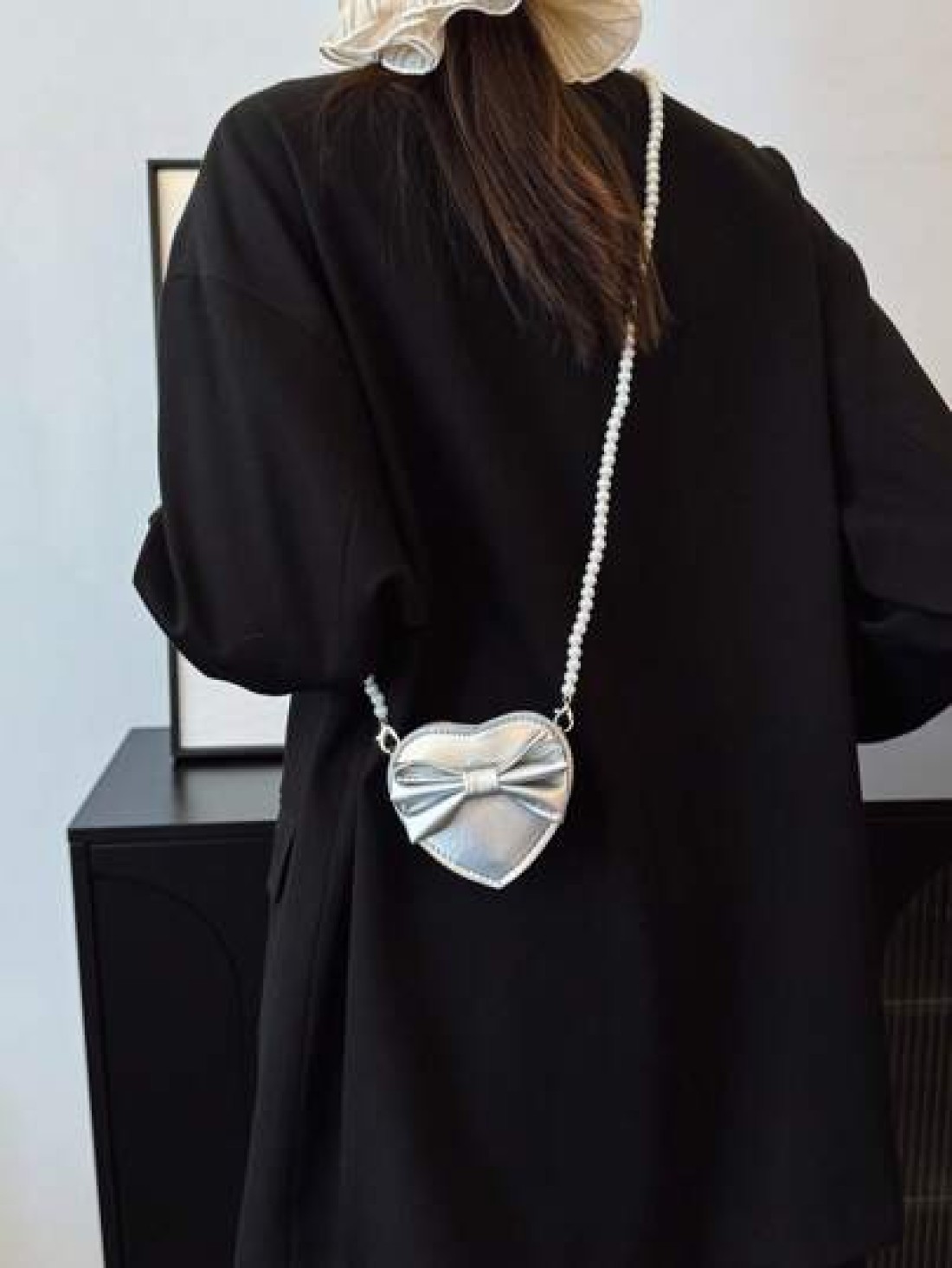 PU Leather Bow Decor Child s Single Shoulder Bag With Pearl Strap Princess Heart Shaped Small Crossbody Purse
