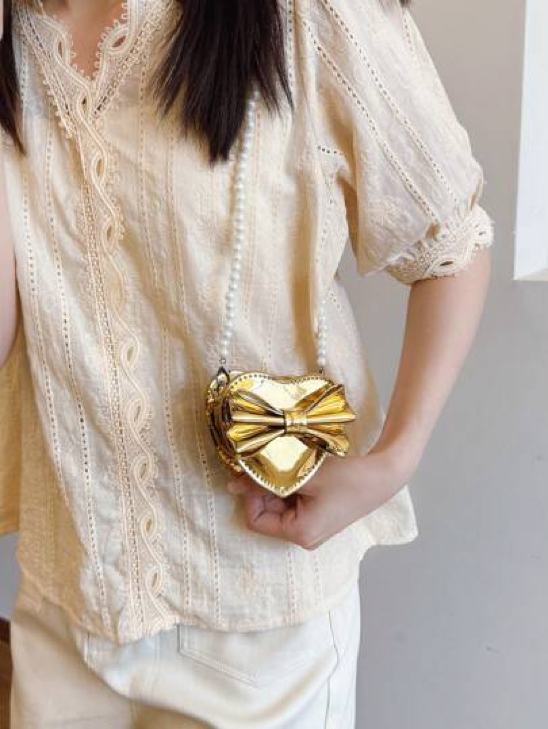 Holographic Pearl Strap Crossbody Bag With Bow Heart Design Girls Shoulder Bag