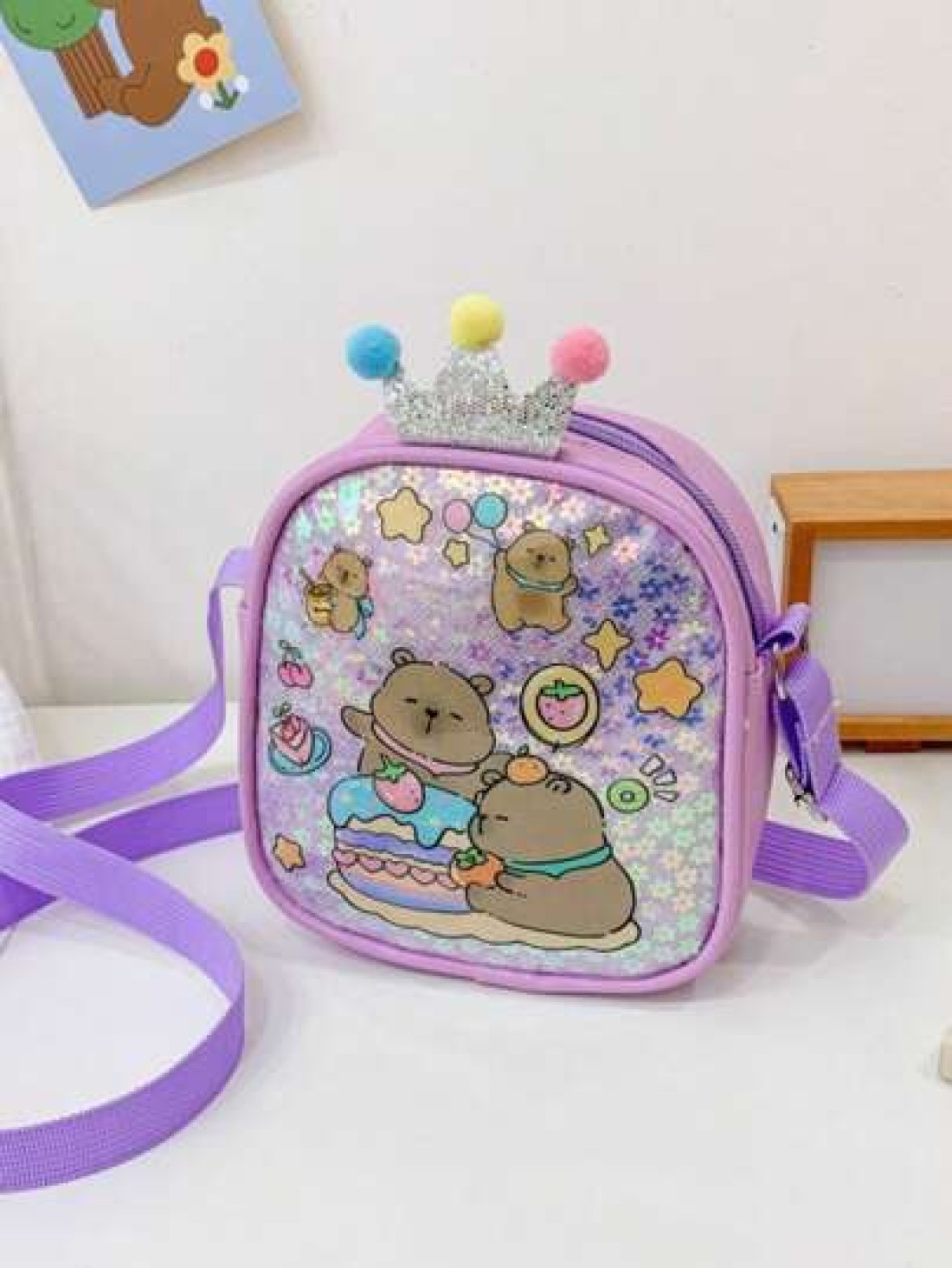 1pc Pu Zipper Closure Fashion Sweet Cute Princess Style Cartoon Capybara Shiny Square Bag Versatile Casual Highly Attractive Bag Multiple Colors To Choose From Suitable For Going Out Outdoor Daily Use