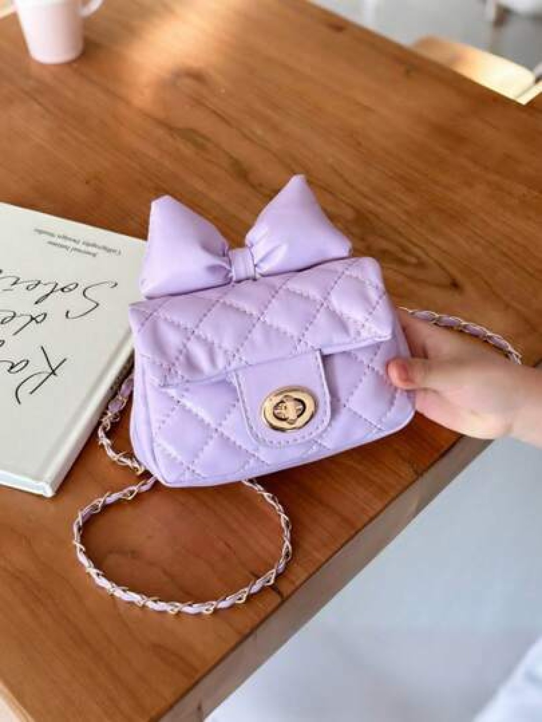 1pc Kids Bow Decor Coin Purse Embroidered Rhombus Mini Bag With Chain Fashionable Girls Crossbody Bag