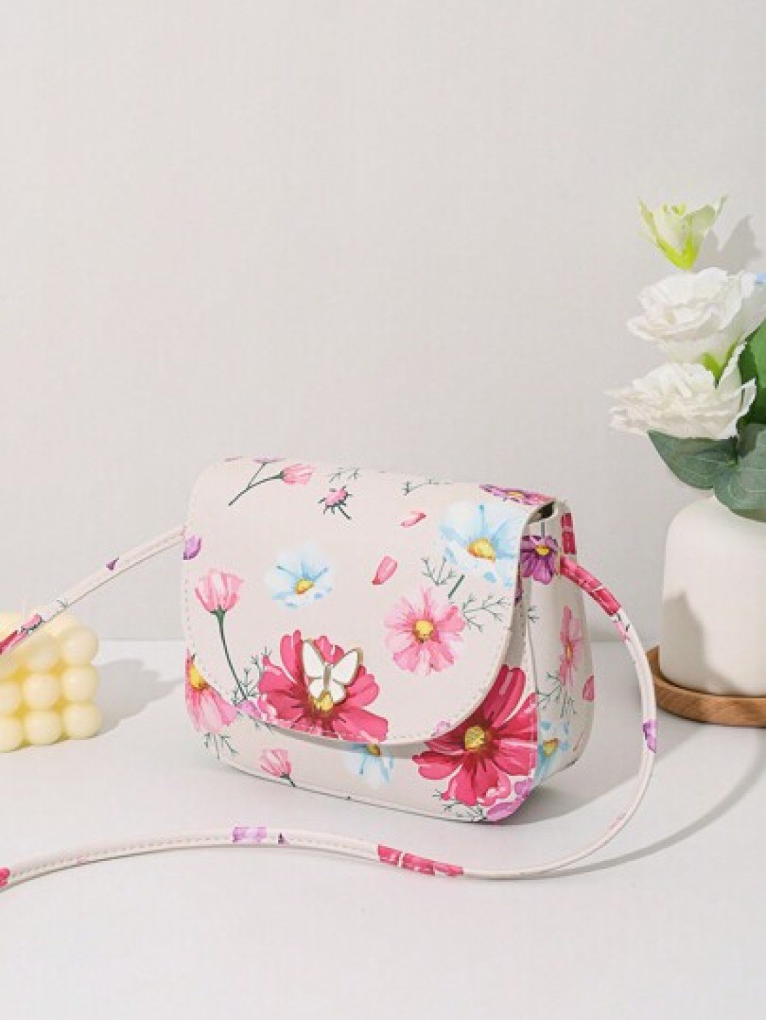 Mini Print Butterfly Decor Metal Accent Shell Crossbody Bag