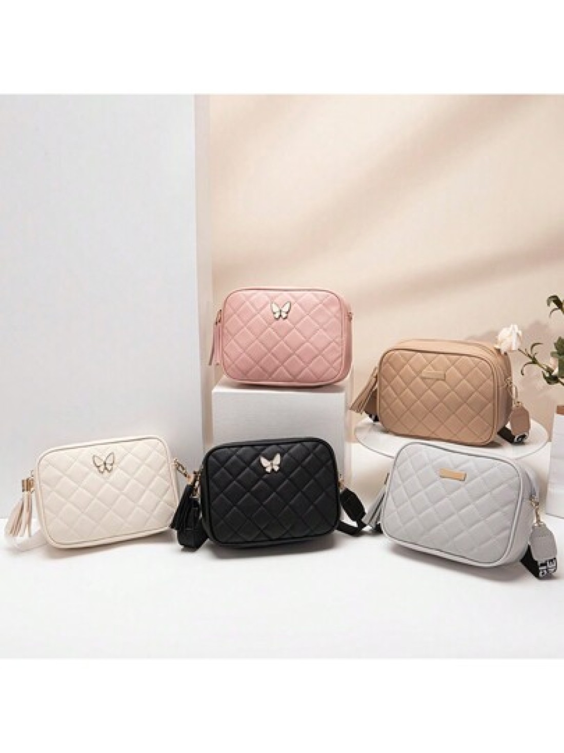 Quilted Square Crossbody Bag Classic Metal Decor Zipper Purse Faux Leather Shoulder Bag