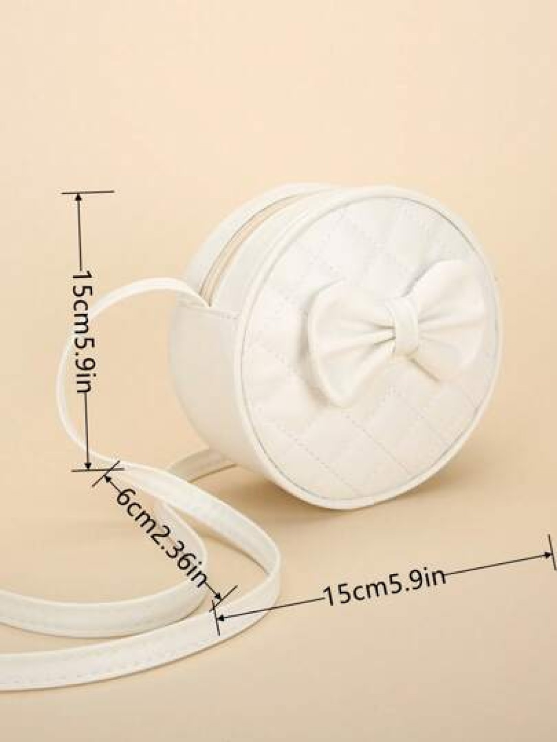 1pc Girl s White PU Shoulder Bag Fashionable Cute Bow Design Small Round Bag With Rhombus Embroidery Fits For Phone And Coins Zippered Closure Suitable For All Seasons