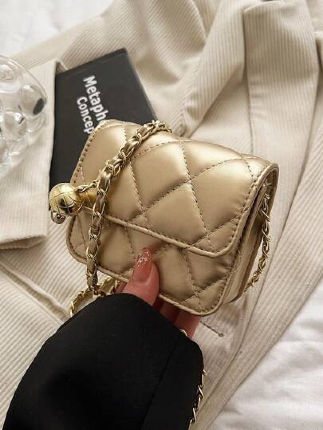 Spring And Summer Simple And Versatile High End Texture Rhinestone Embroidered Gold Ball Chain Strap Can Be Worn Over Shoulder Armpit Mini Bag