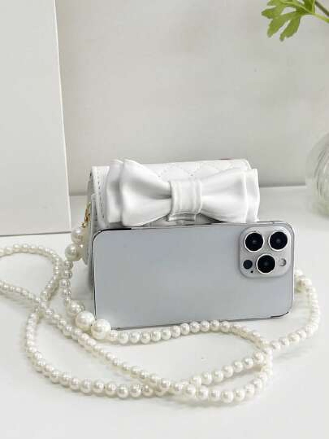 1pc Young Girl Casual Fashion Bowknot Rhombus Embroidery Thread Pearl Chain Crossbody Bag Suitable For Daily Use