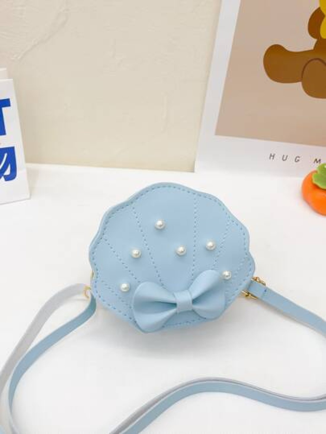 Girls Faux Pearl Bow Decor Dome Bag Mini Blue