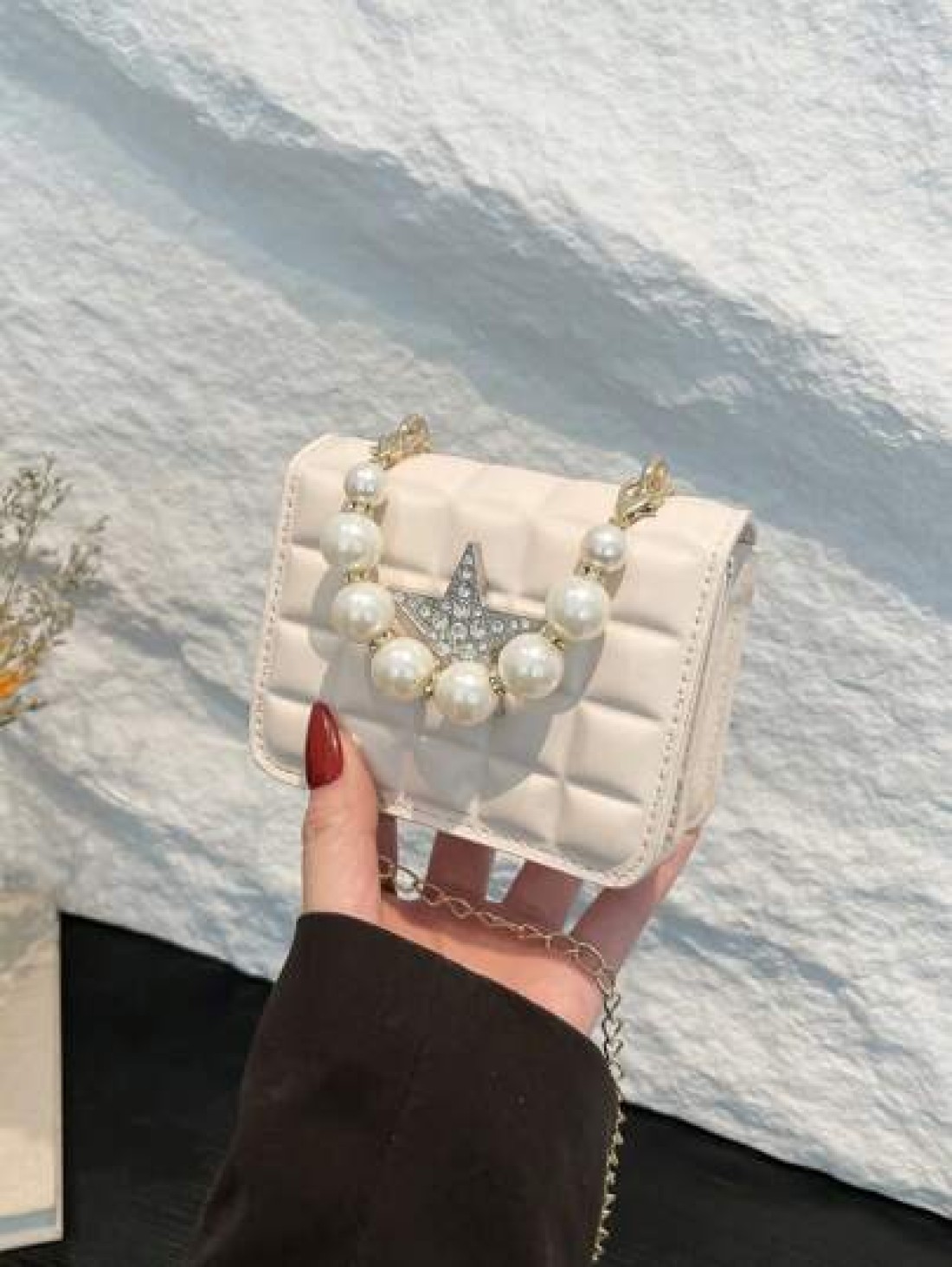 1pc Pu Fashion Simple Sweet Diamond Lattice Pearl Five Pointed Star Hand Held Evening Party Square Bag Niche Design Chain Shoulder Strap Comfortable And Versatile One Shoulder Crossbody Smooth And Not