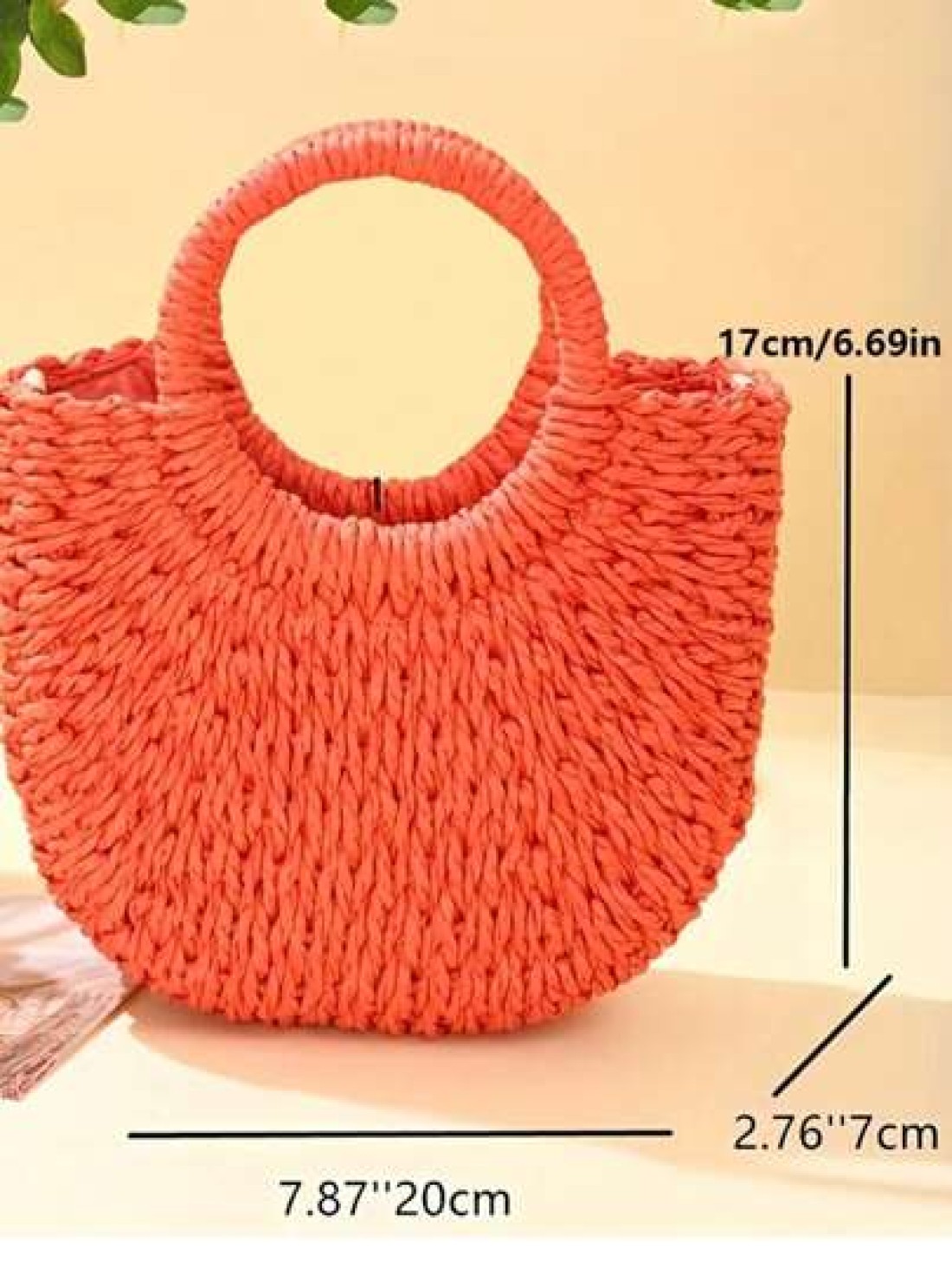 1pc Straw Bag With Faux Flower Half Moon Shaped Women Handbag Woven Crossbody Small Bag Beach Bag