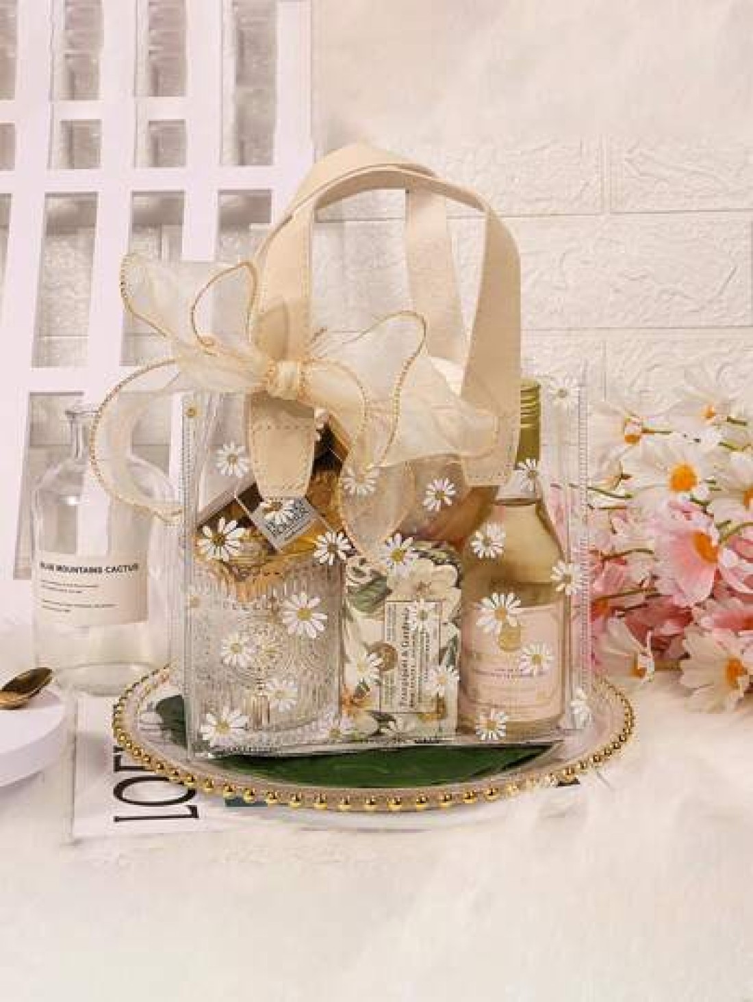 1pc Summer Daisy PVC Transparent Tote Bag Fresh Flower Printed Jelly Bag With Delicate Bowknot Gift Bag