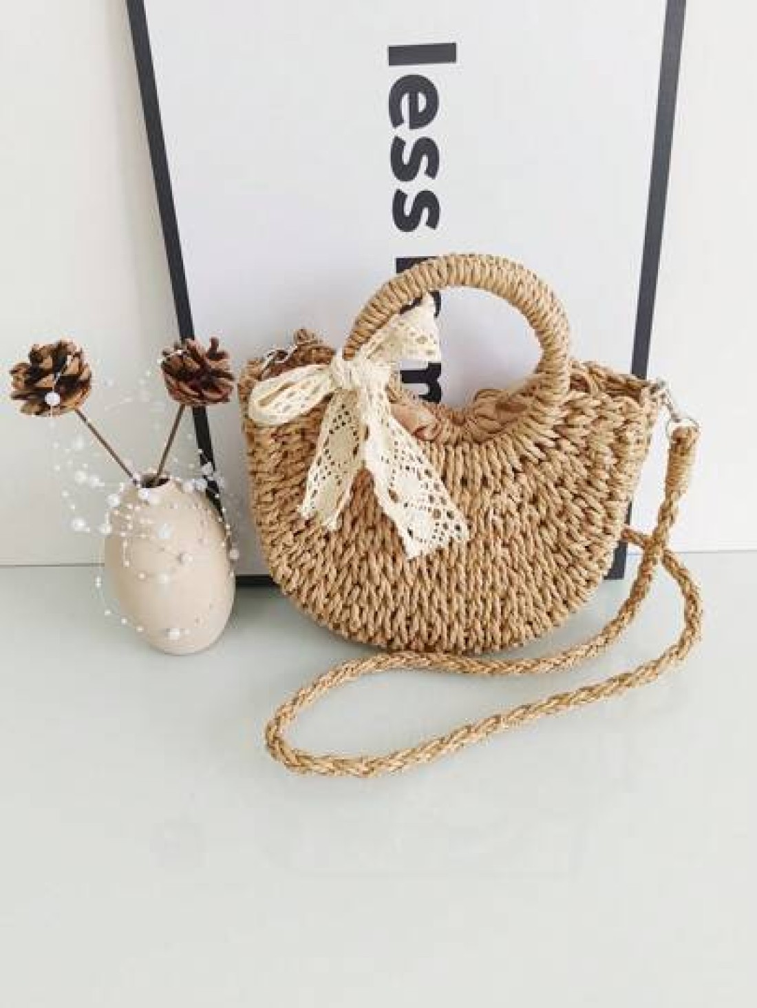 1pc Girls Beach Style Handbag Casual One Shoulder Crossbody Drawstring Top Tote Handmade Woven Butterfly Decor Straw Bag