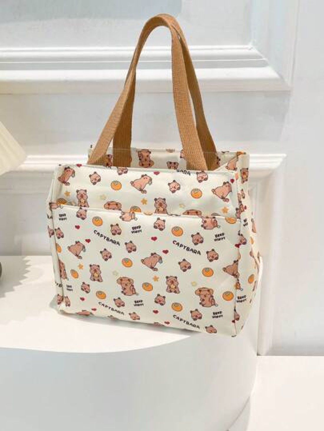 1pc Cute Capybara Printed Nylon Bag Ins Large Capacity Handbag Niche Versatile Shopping Bag Lunch Bag Lunch Box Bag Hand Held Lunch Bag Handbag Smooth Zipper Suitable For Going Out Shopping Daily Use