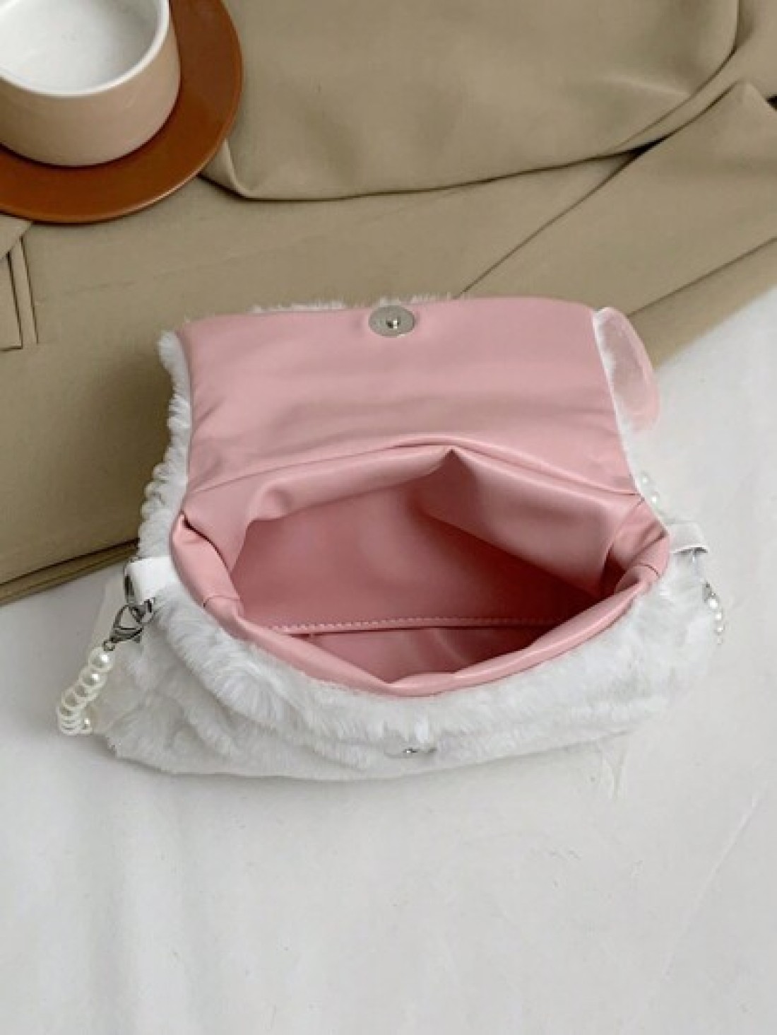 1 Pc Cute Mini Kids Pink Big Bow Soft Plush Handbag Fall Winter Pearl Shoulder Strap Crossbody Bag Lightweight Square Bags For Girls Students For Festivals Vacation Holiday Fashion Accessory