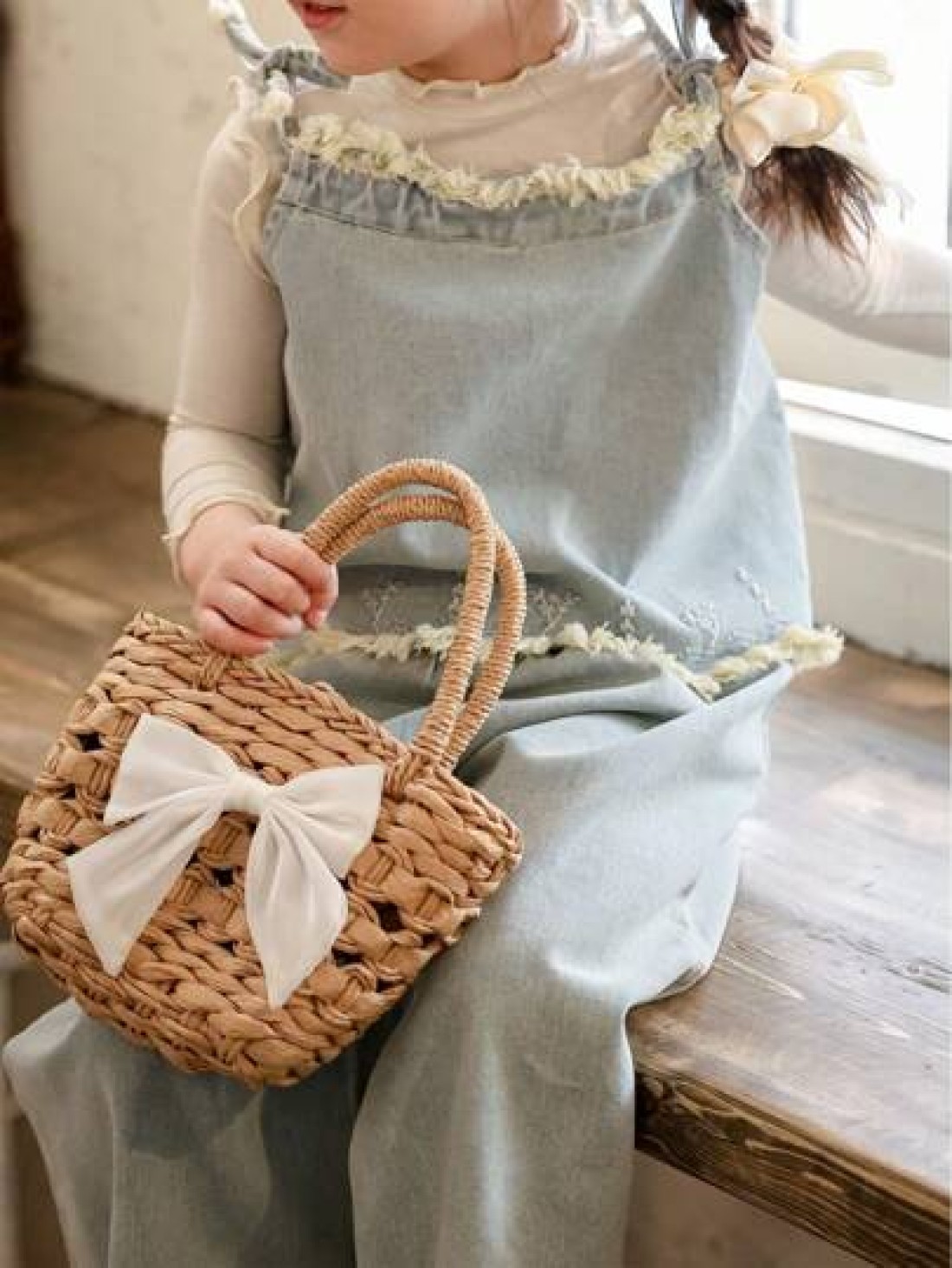 Girls Bow Straw Handbag Mini Woven Basket Bag Vacation Style