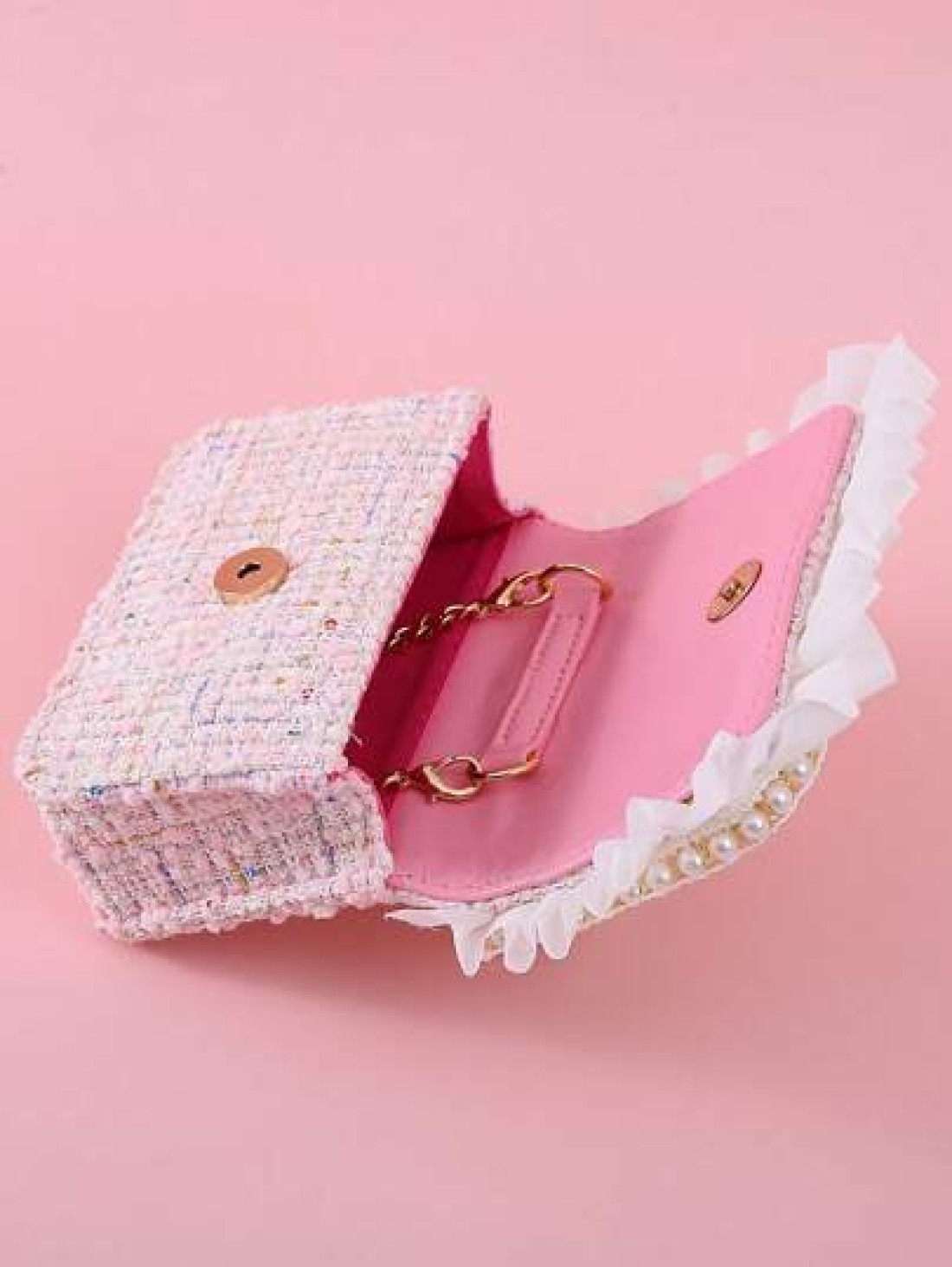 1pc Girls Ruffle Flower Leaf Metal Decor Pearl Sticker PU Wool Felt Multi Function Chain Closure Casual Beaded Handbag Children Princess One Shoulder Crossbody Bag Suitable For Holidays And Daily Use