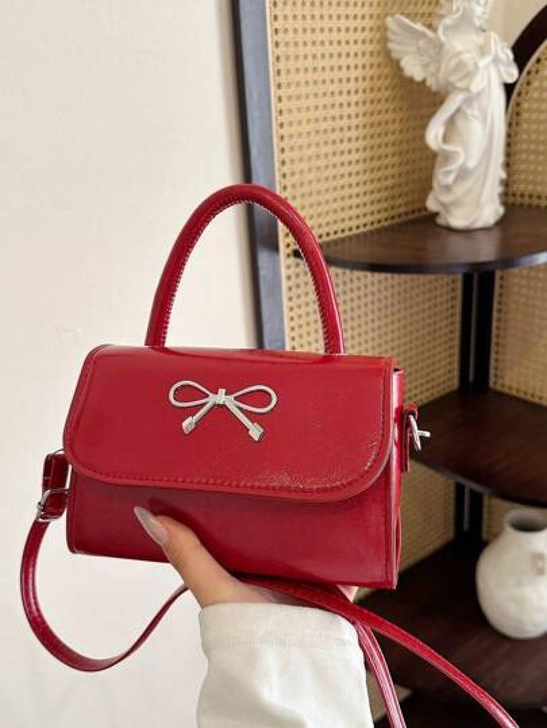 1pc Gentle And Sweet Bow Fashion Handbag Versatile Ins Shoulder Crossbody Bag Stylish And Gentle Small Square Bag With Bow Decoration Pu Material Magnetic Buckle Closure Crossbody Bag High End Solid C