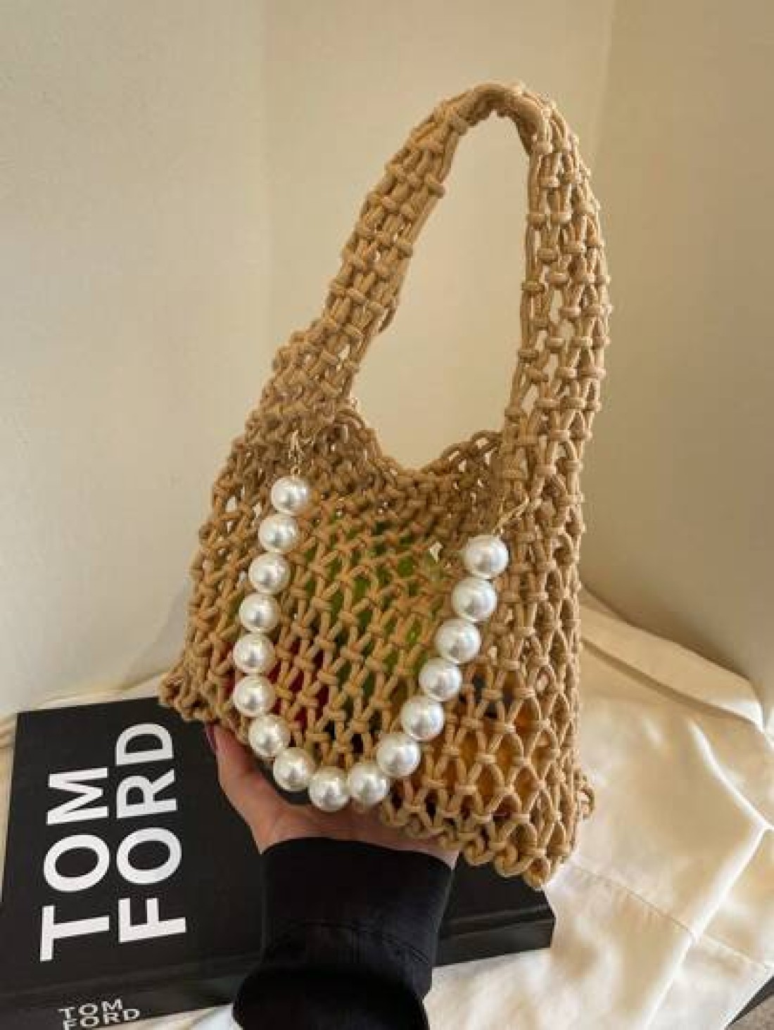 1pc Handbag Open Top Opening And Closing Niche Pearl Hollow Design Bag For Girl New Summer Fashion Braided Small Bag Casual And Versatile Beach Bag Suitable For Daily Outings And Vacations A Perfect G