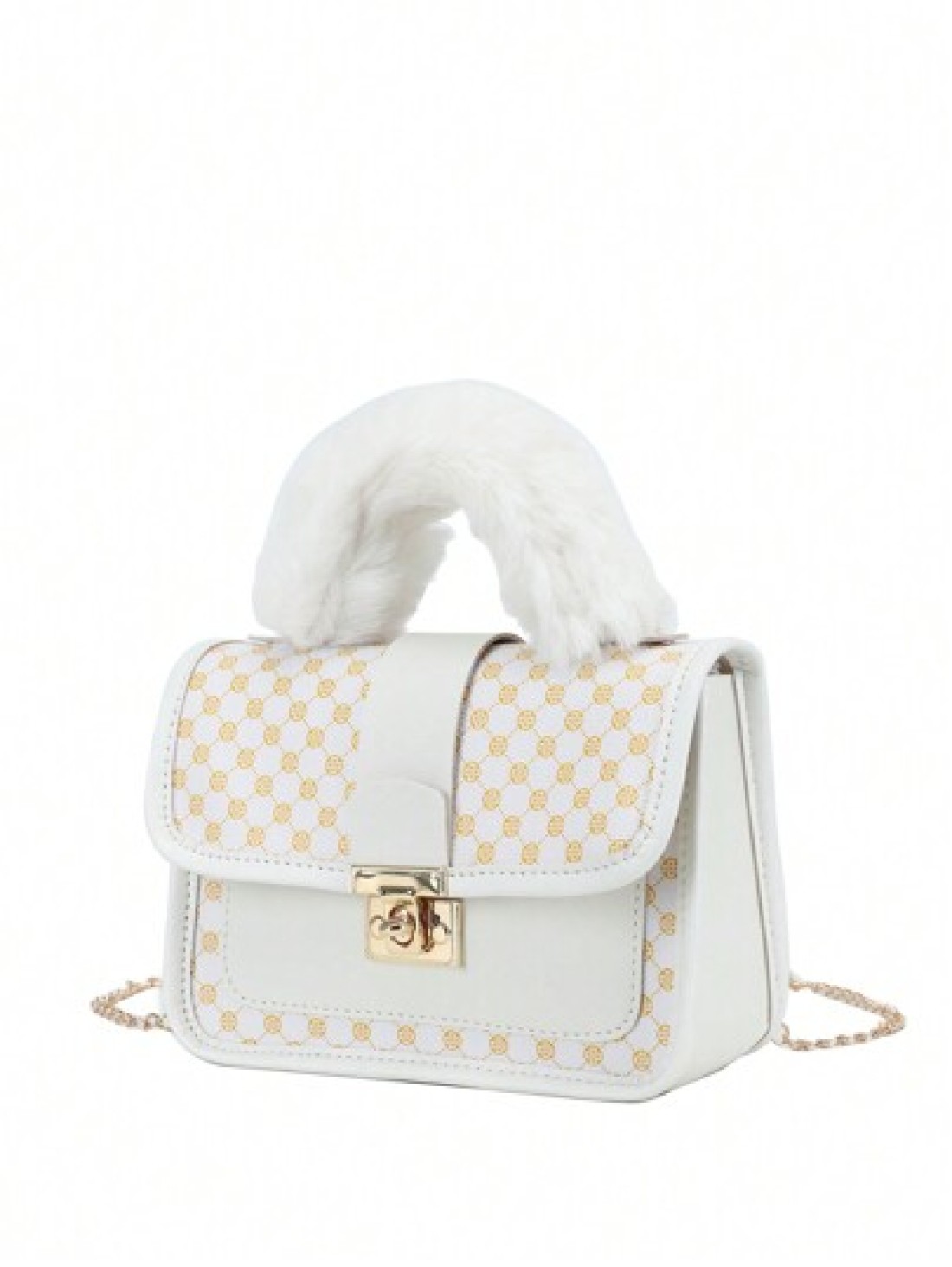 1pc Girl s Vintage Printed Plush Handbag Cute Metal Chain Crossbody Bag Casual Mobile Bag Ideal Choice For Gifts