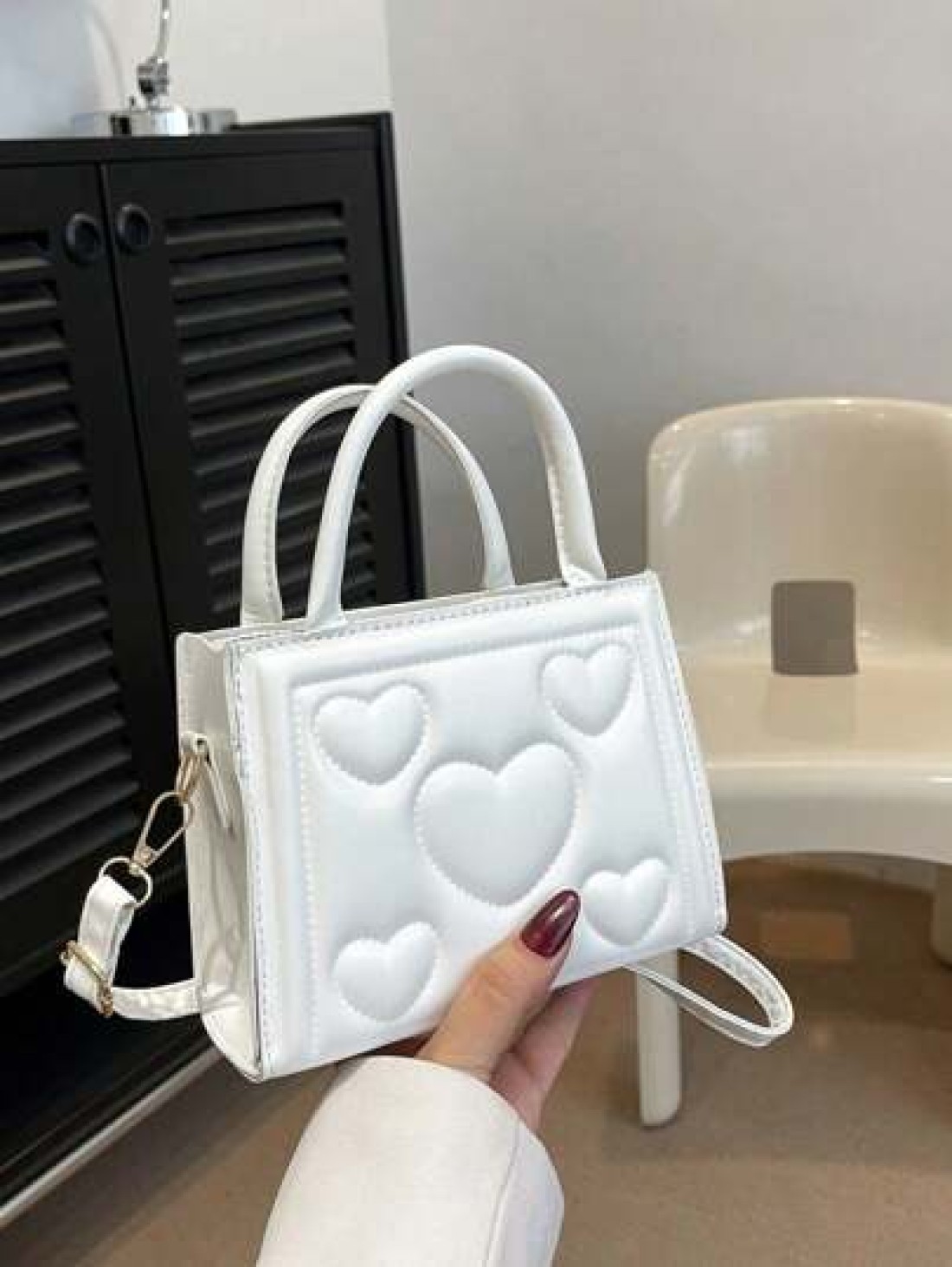 1pc Pu Zipper Opening And Closing Fashionable Small Fresh Love Indentation Handbag Korean Simple Solid Color Versatile Shoulder Messenger Bag Niche Design Comfortable Adjustable Shoulder Strap Versati