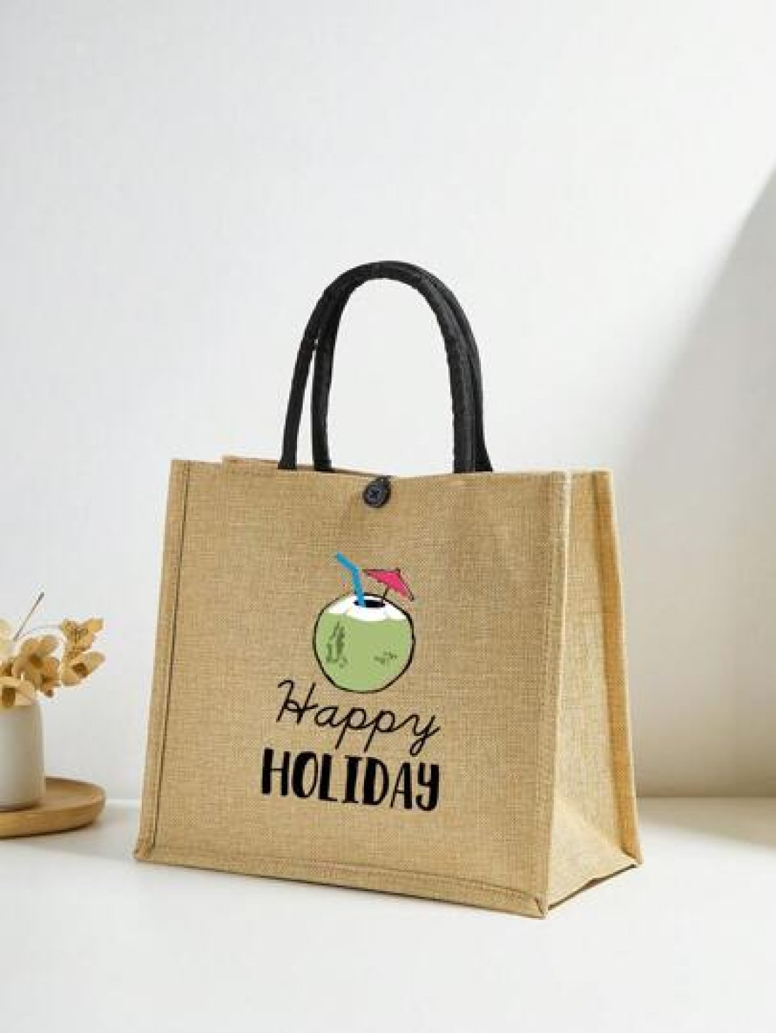 1 Pc Simple Linen Summer Element Print Tote Bag For Big Children Large Capacity Travel Bag Square Bag Gift Bag Shopping Bag Portable Button Closure Handbag For Daily Class And Back To School Shopping