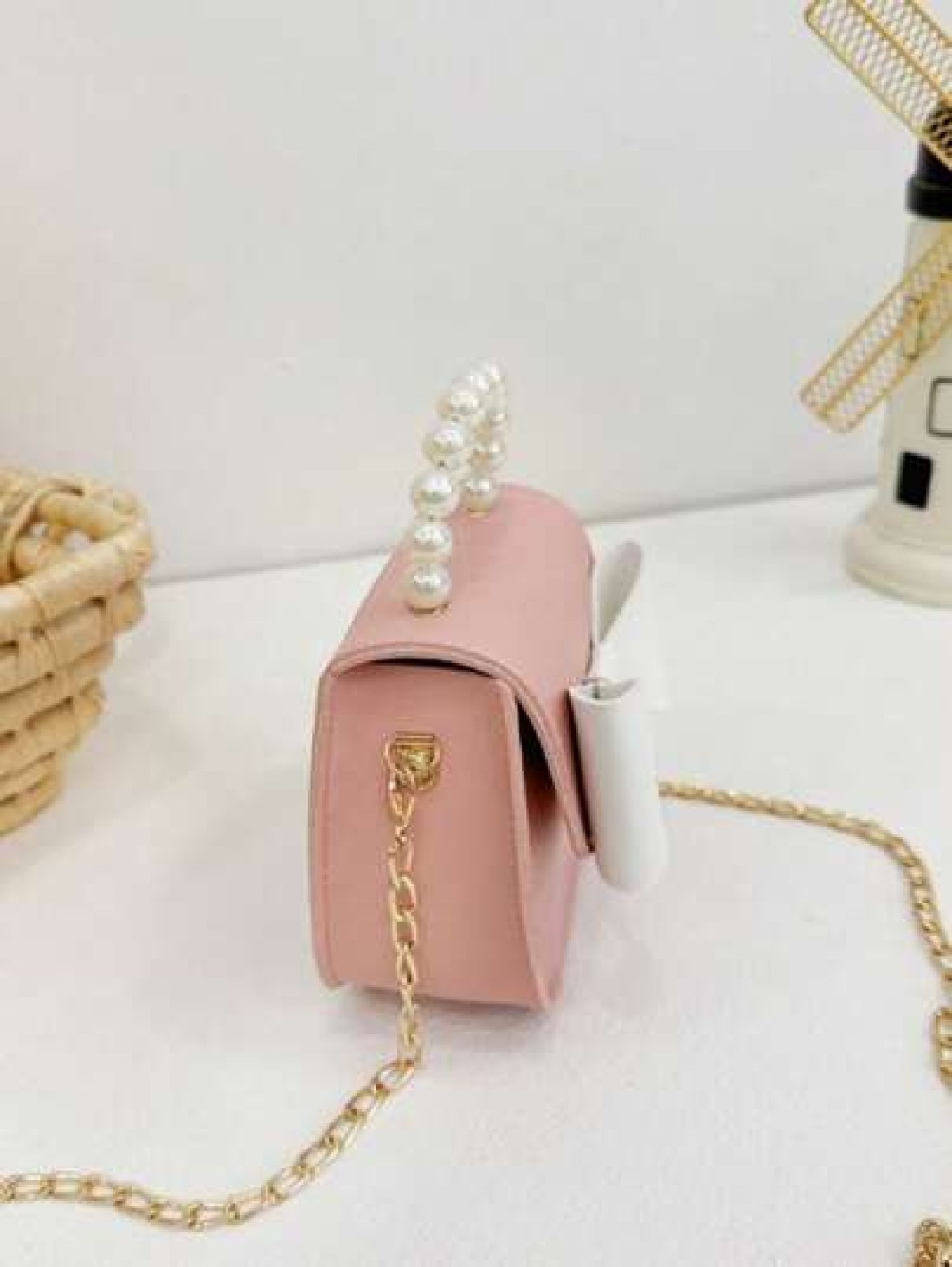 1pc New Fashion Pearl Handbag With Strap Butterfly Decor Mini Cross Body Bag