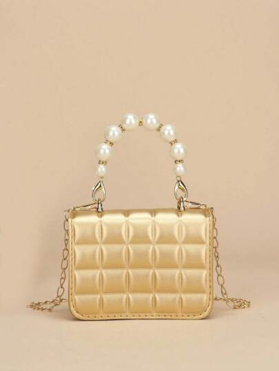 1pc Mini Girl s Textured Plaid PU Flap Minimalist Versatile Pearl Handbag Suitable For Daily Use