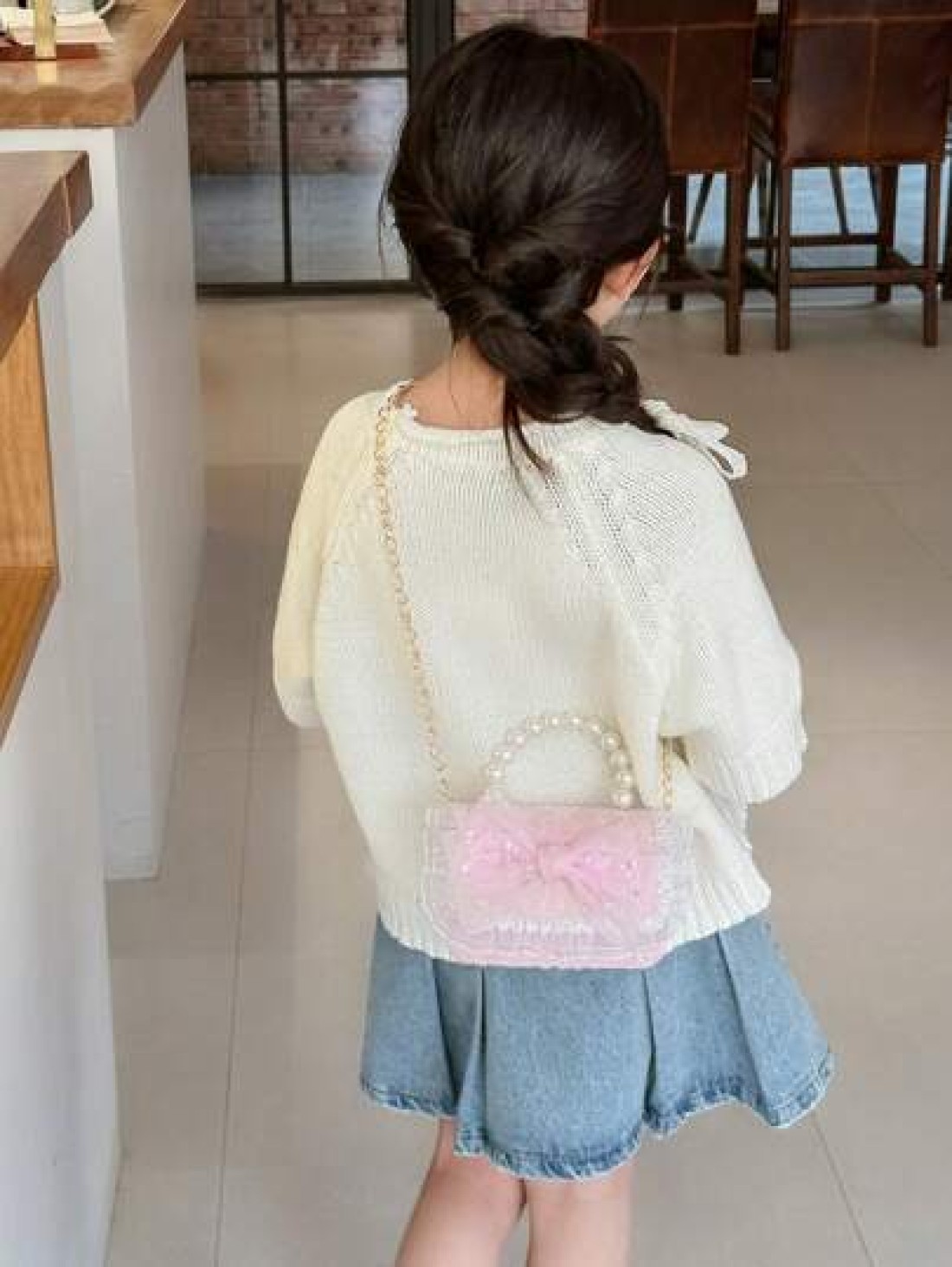1 Pc Mini Fashion Shiny Young Children Pearl Handbag Chain Crossbody Bag Flip Bag Samll Square Bag Kawaii Princess Bag Toddler Coin Purse Cute Candy Storage Bag Portable Light Sweet Big Lace Bow Sequi