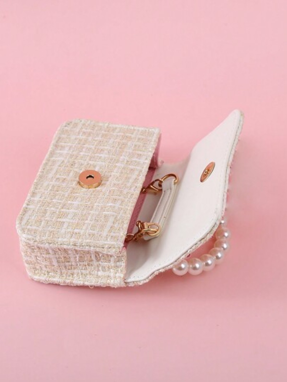 1pc Kids Large Size Pearl Bow Decor PU Solid Striped Pattern Snap Closure Metal Chain Strap Cute Simple Beaded Handbag Crossbody Bag For Girls Fit For Daily And Holiday Use