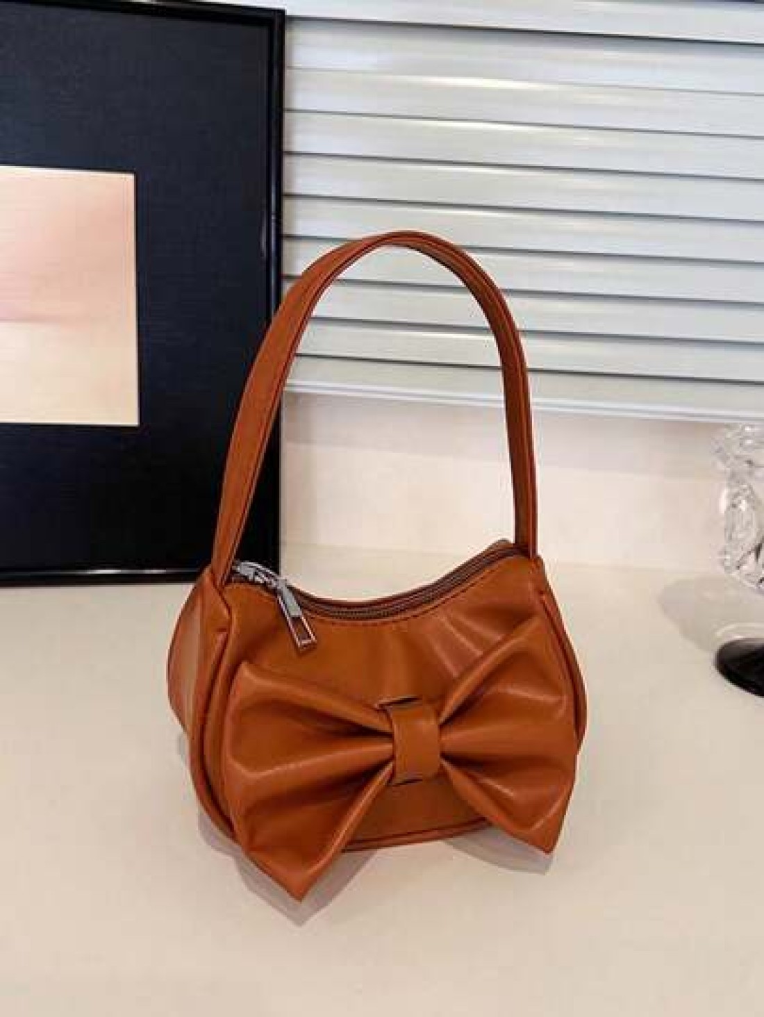1pc Handbag Pu Zipper Opening And Closing New Style Small Elegant And Sweet Handbag Shoulder Bag Korean Style Small Bag Textured Bow Shoulder Bag Comfortable Shoulder Strap Suitable For Daily Outings