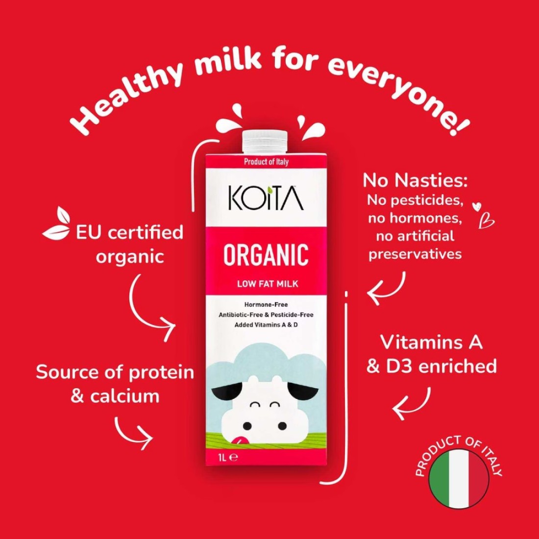 Koita Low Fat Organic Cow Milk Vitamin A &amp; D3 1L