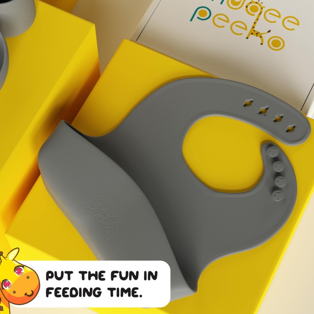 Muqee Peeko Baby Feeding Set 6 Piece Pebble Gray Includes Suction Bowl Plate Silicone Bib Spoon Fork for Toddlers Kids Dinnerware