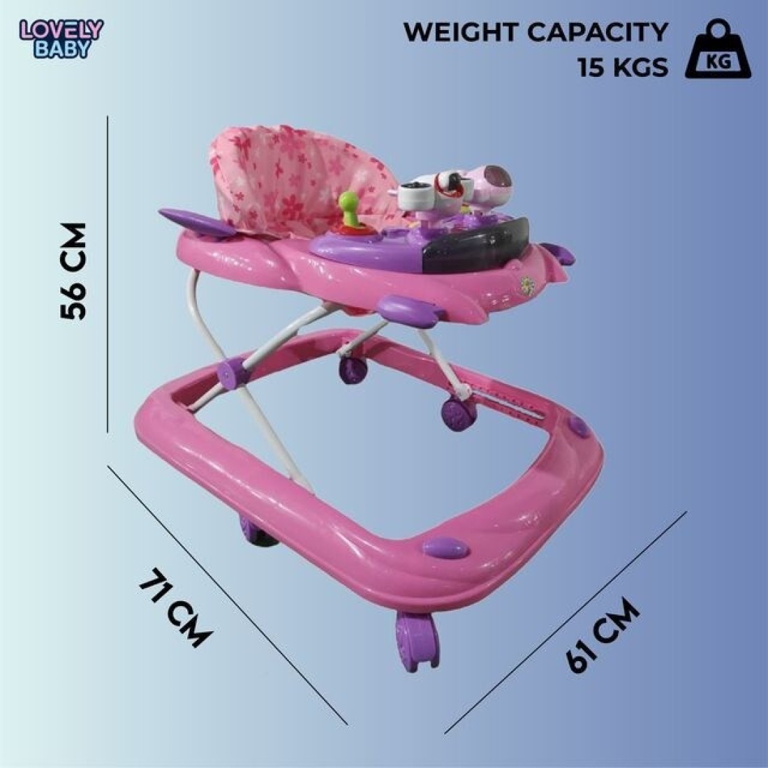 Lovely Baby Foldable Kids Walker BW10 with Adjustable Height, Musical Toys, Rotating Wheels, Comfortable &amp; Safe Activity Walker for Toddlers, Small Infant Boy Girl 6-18 months - Pink