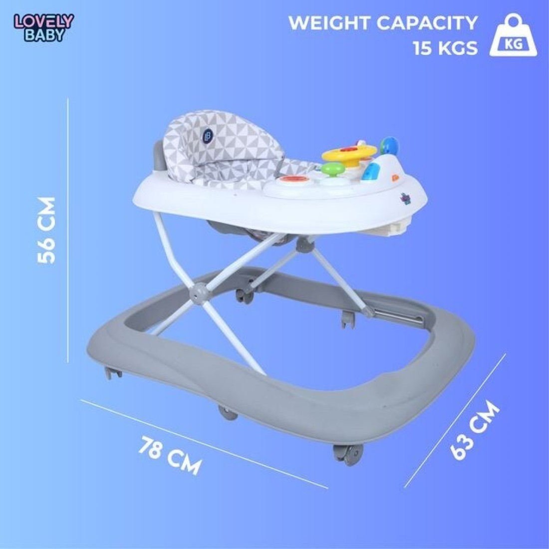 Lovely Baby Foldable Kids Walker LB 256 with Adjustable Height, Musical Toys, Rotating Wheels, Comfortable &amp; Safe Activity Walker for Toddlers, Small Infant Boy Girl 6-18 months - Grey