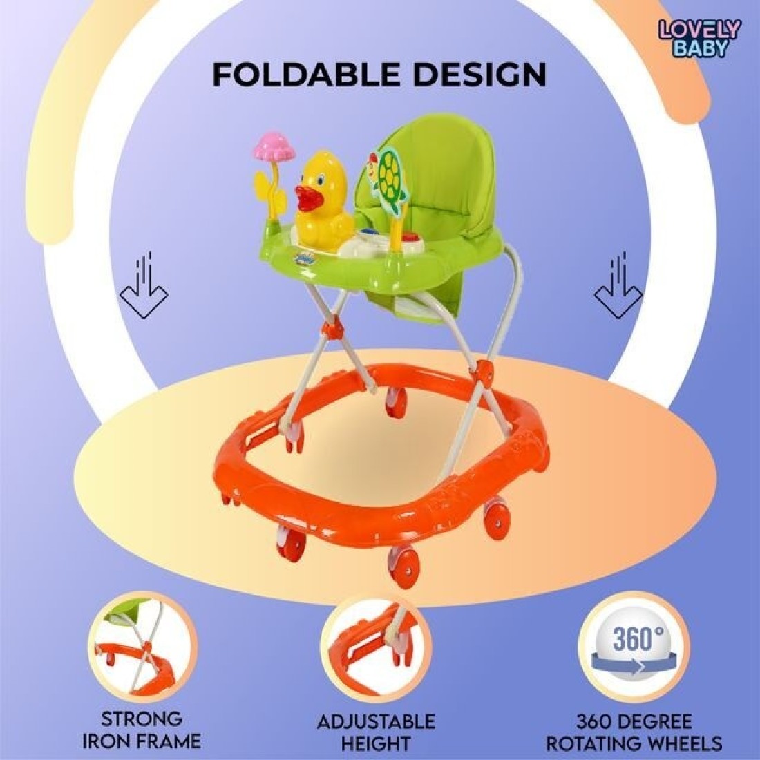 Lovely Baby Foldable Kids Walker LB 852 with Adjustable Height, Music &amp; Toys, Rotating Wheels, Foldable Safe Support Activity Walker for Toddlers, Small Infant Boy Girl 6-15 M - Orange