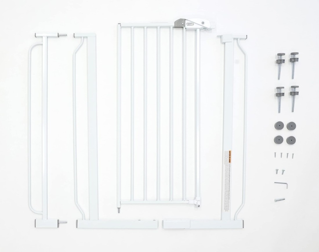 Regalo Easy Step 36 Extra Tall Walk Thru Baby Gate Includes 4Inch Extension Kit 4 Pack of Pressure Mount Kit and 4 Pack Wall Cups and Mounting Kit White