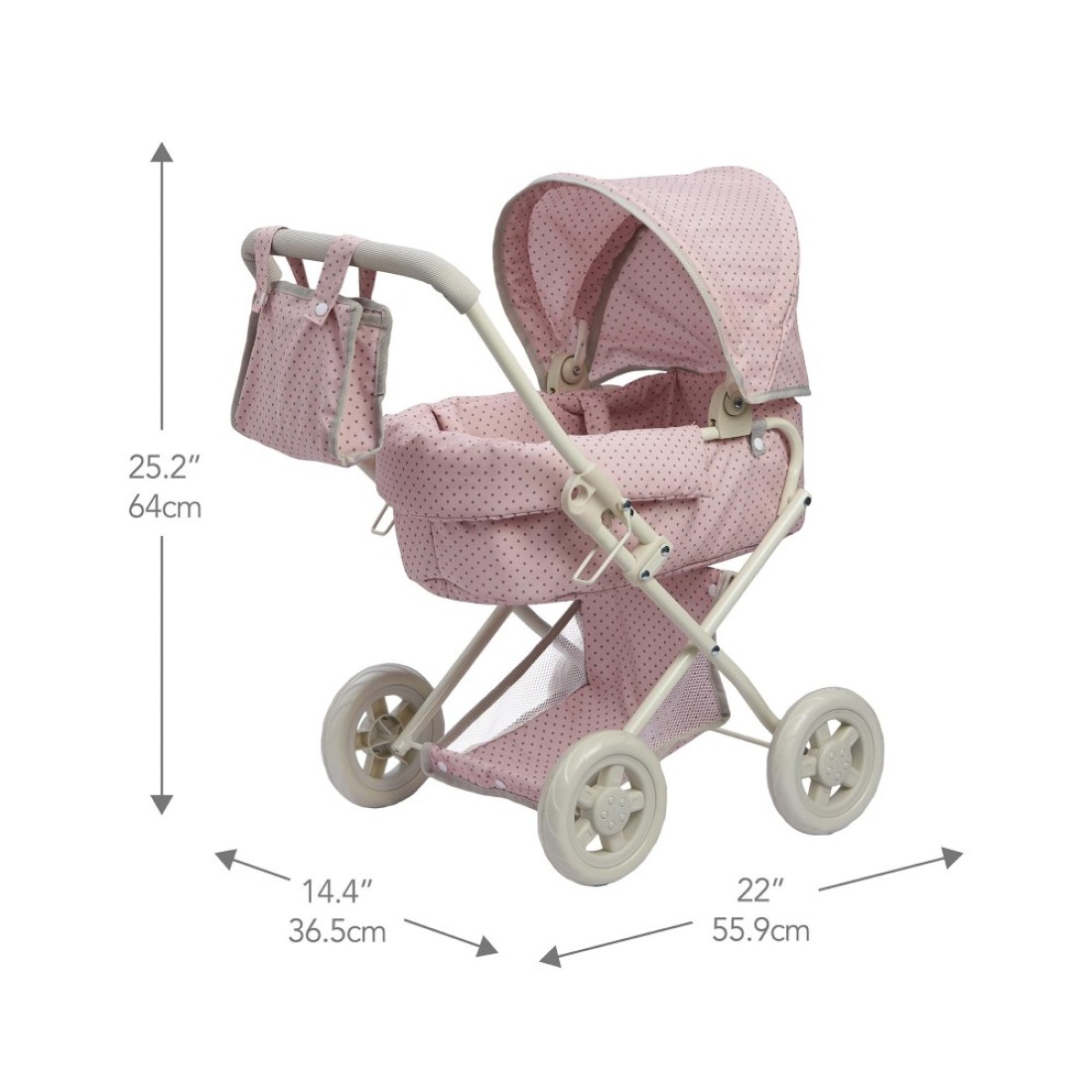 Olivias Little World BuggyStyle Baby Doll Stroller with Retractable Canopy Storage Underneath Detachable Bassinet Travel Nursery Bag Comfortable to Push Pink and Gray
