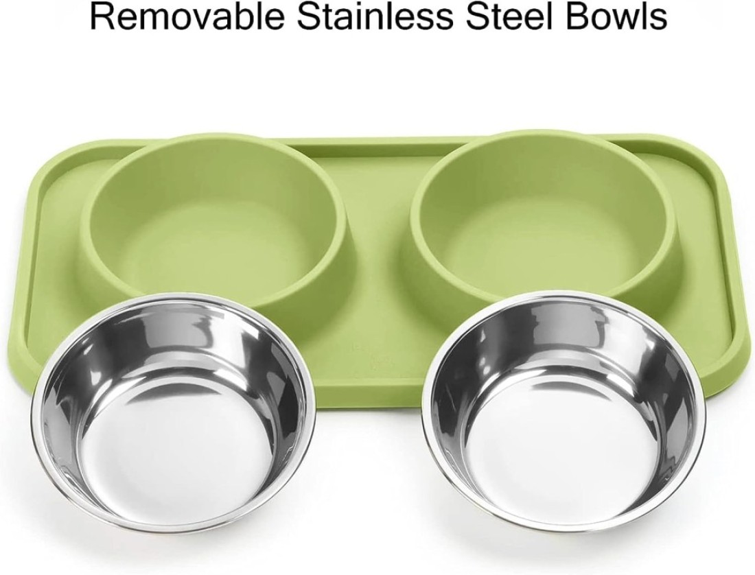 MahMir&reg; Cat Food and Water Bowls, Bowls Non-Skid and Non-Spill Silicone Mats with Stand, Removable Stainless Steel Water Dishes for Cats, Small Size Dogs (Olive Green)