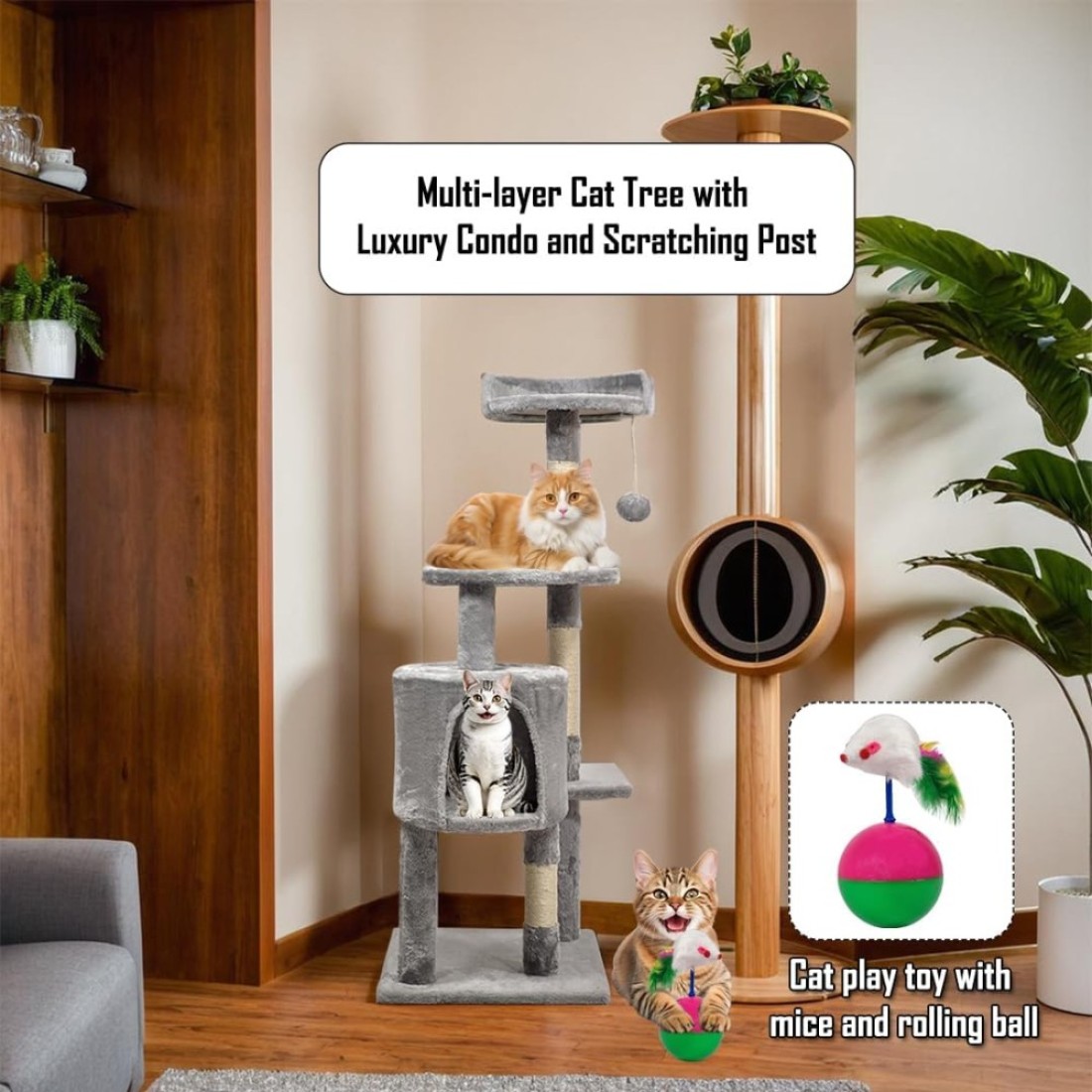 Multi-layer cat tree with Mice balance swing tumbler ball, Interactive toy ball, Indoor cat tree tower with Soft fabric condo, Top perch, and Sisal scratch post, Cat activity tower 112 cm (Grey)