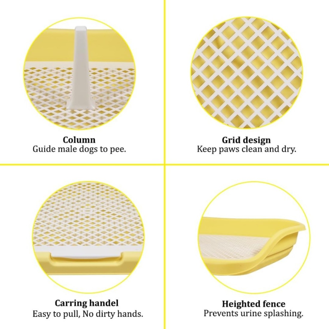 Dog potty toilet with Pee post, Detachable grid, and Raised fence, Anti-splash dog pee pad holder for small to medium-sized dogs, Reusable dog potty training toilet 48 cm (Yellow)