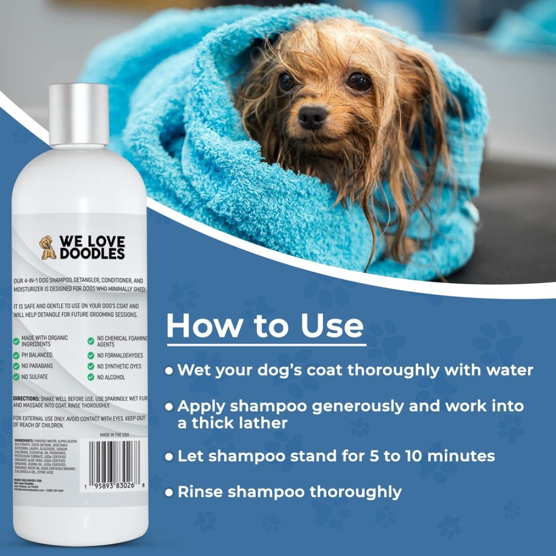 USDA Organic Dog Shampoo Conditioner Detangler Best Shampoo for Goldendoodles Poodles Doodles for Matted Pet Hair Sensitive Skin Shampoo for Puppies Made in The USA 16OZ Lavender