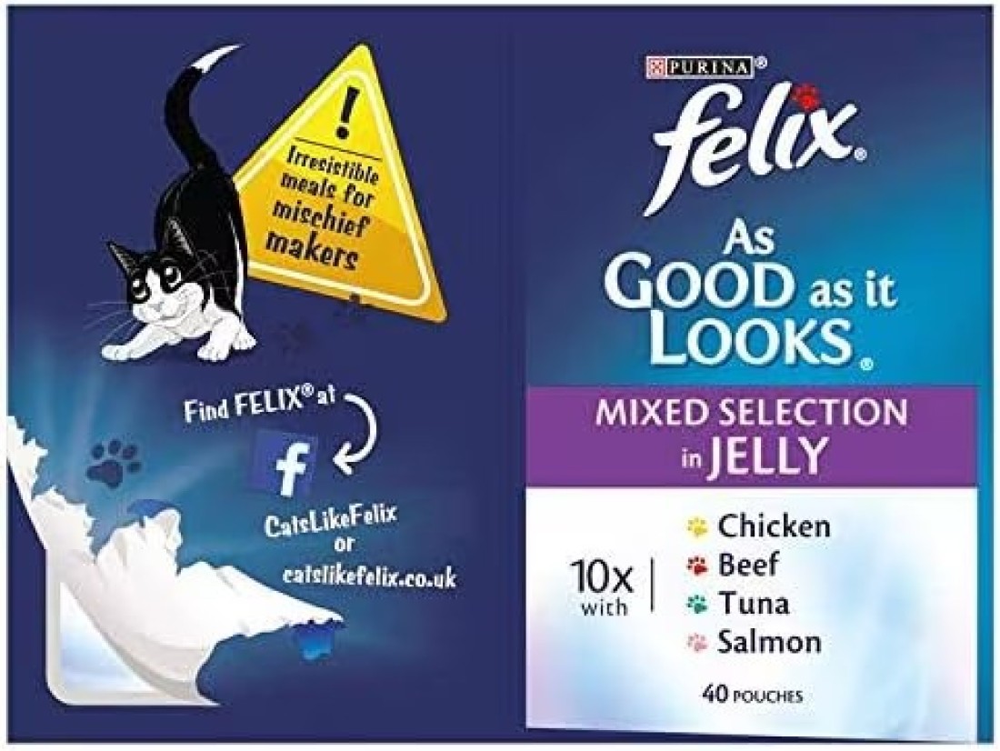 Felix As Good As It Looks Mixed Selection In Jelly Cat Food, 40 Pouch Jumbo Pack with Salmon, Chicken, Beef and Tuna 40 x100g,